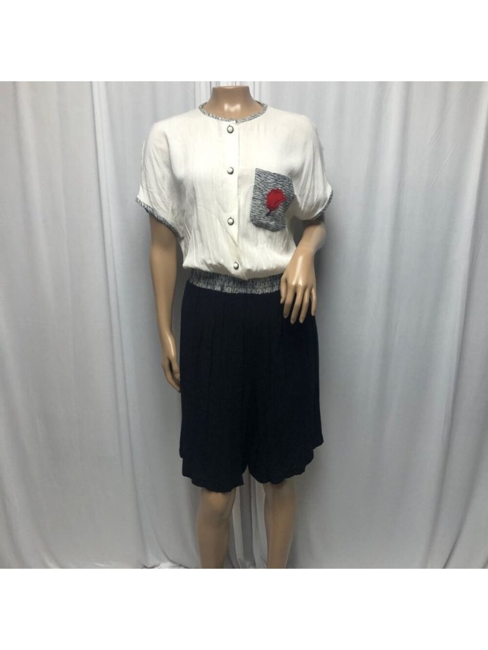 Russ Petites Black White Shorts Romper Womens 14 Button Front USA Vintage Retro